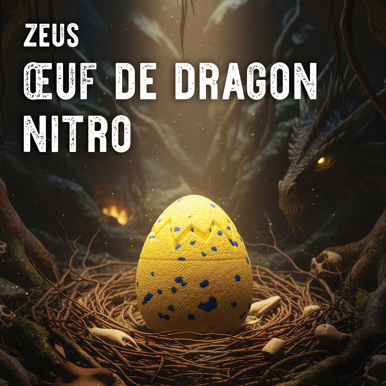 Œuf de dragon Zeus Nitro posé dans un véritable nid de dragon