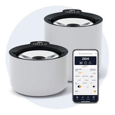 Zeus Oasis Plus fountains line up with a phone featuring the free app