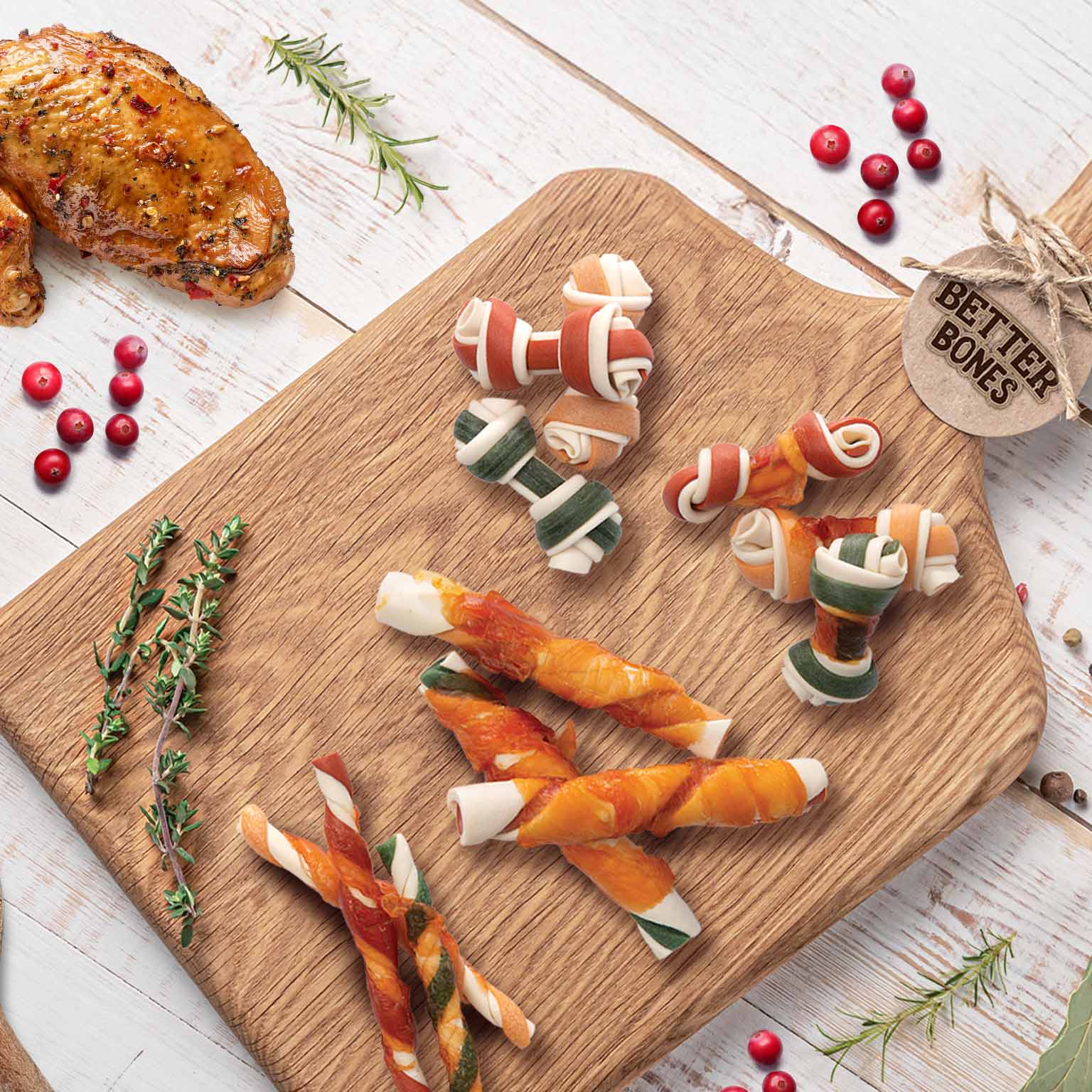 All different types of Zoë Better Bones laying on a wooden board, surrounded with natural ingredients