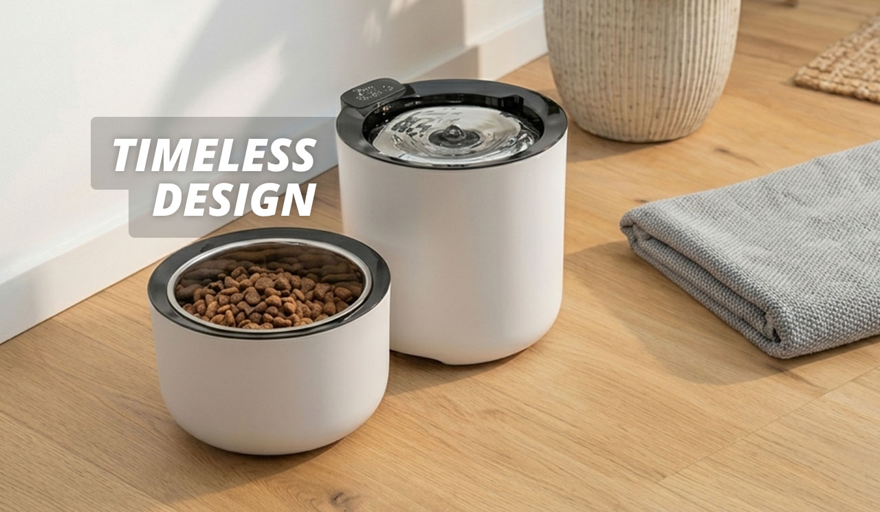 The Zeus Oasis Fountain and Zeus Oasis Weighted Bowl elegantly placed next to each other in a lifestyle environment