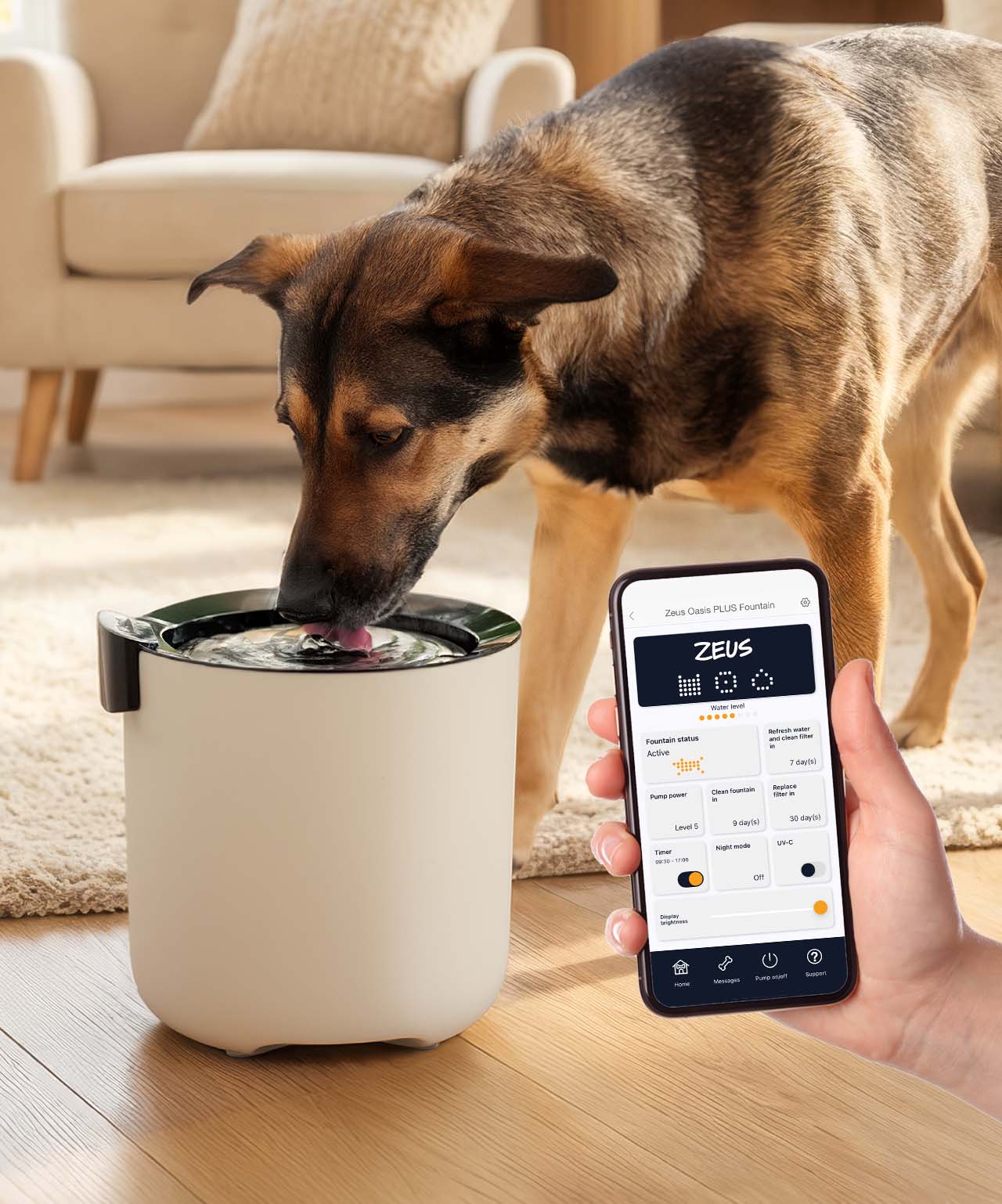 Dog drinking fresh water from the Zeus Oasis Fountain while a hand is showing a smartphone featuring the free Zeus app
