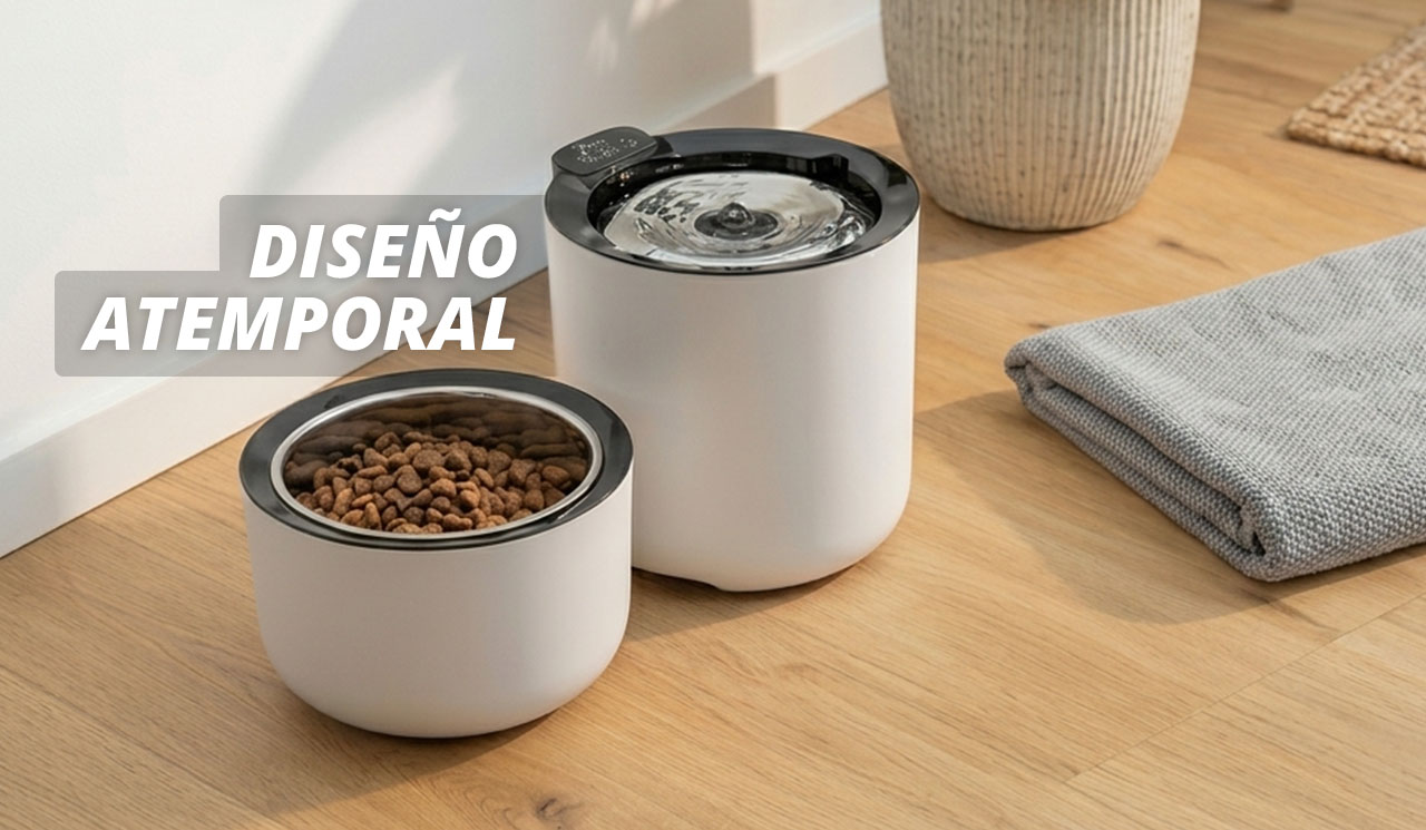 La Fuente Zeus Oasis y el Comedero con Peso Zeus Oasis, colocados con elegancia uno al lado del otro en un hogar