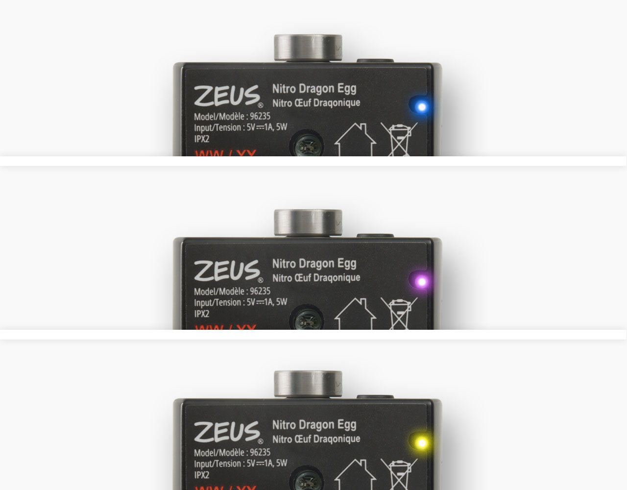 Showing three motor hubs on a grey background, each motor hub showing a different light color.