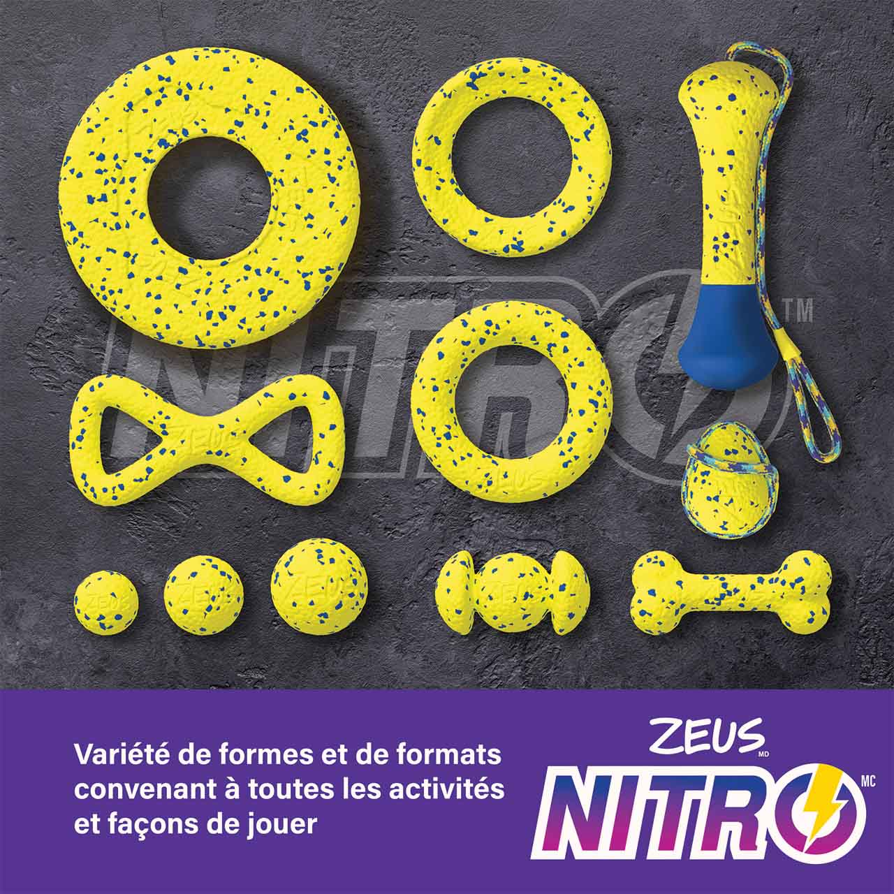 Les jouets Zeus NITRO sont offerts dans différentes formes et tailles pour convenir à toutes les activités et à tous les styles de jeu.