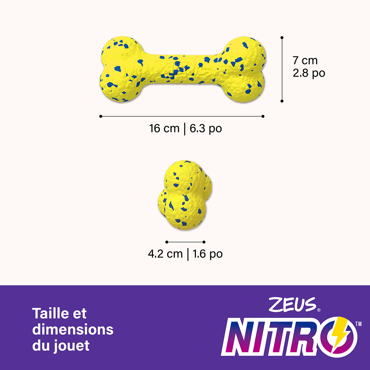 Les dimensions de l’Os flexible Zeus NITRO sont de 16 x 7 x 4,2 cm (6,3 x 2,8 x 1,6 po) (L x l x H).