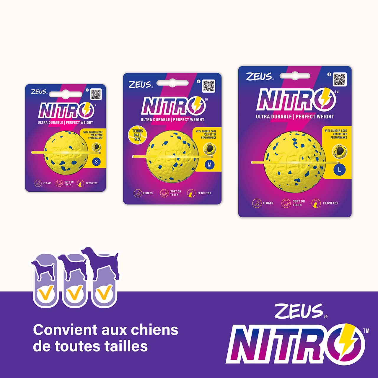 Emballage des balles Zeus NITRO dans les trois tailles offertes.